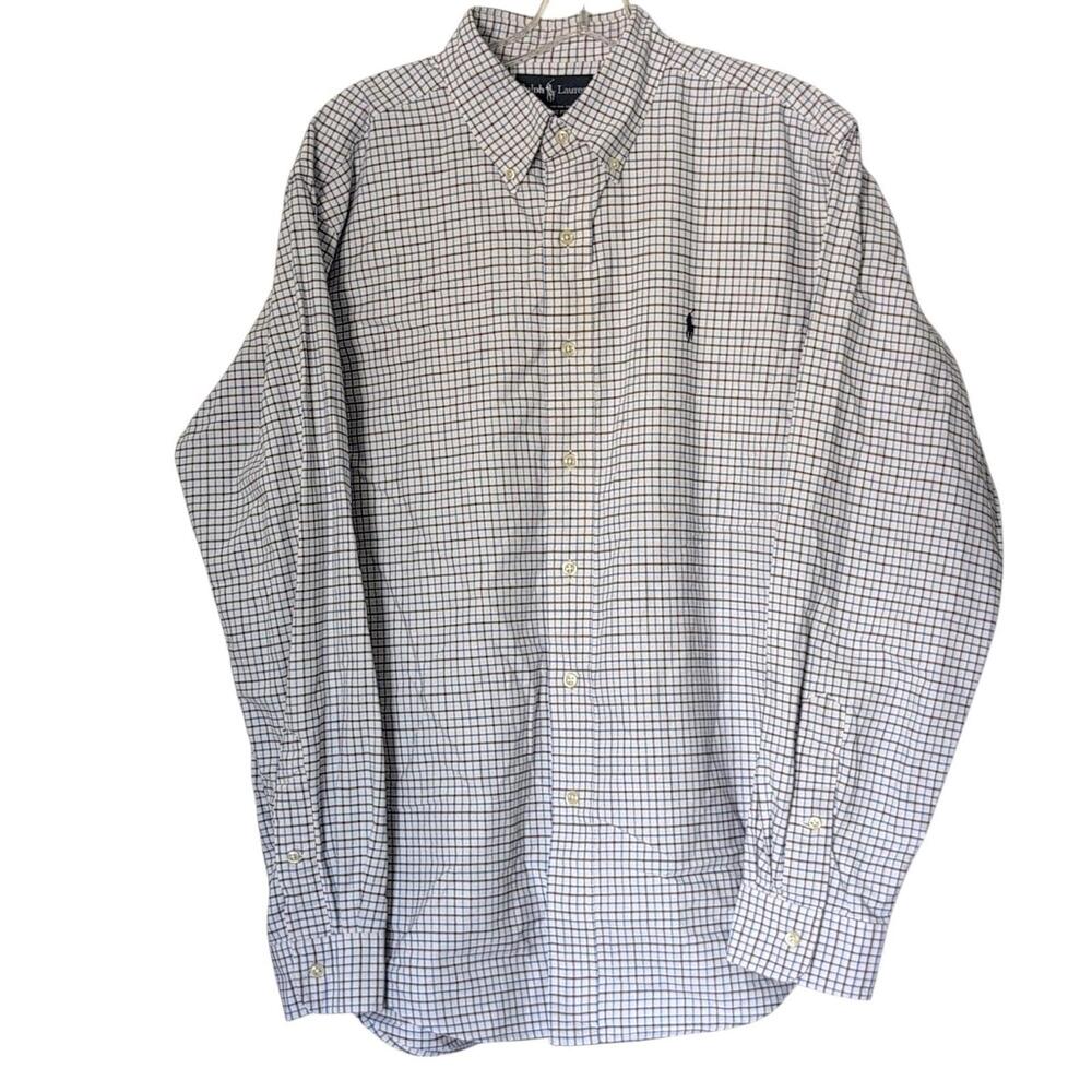 Ralph Lauren Shirt Mens Large Blue White Check Classic Fit Button Front Pony